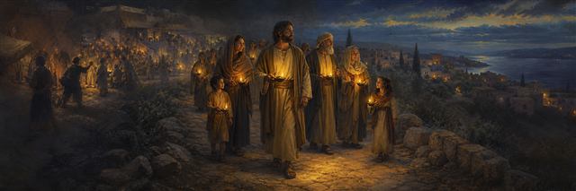Children, adults, and elders walking a lamplit road away from tempting stalls and divisive voices